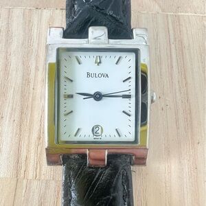 Bulova ladies rectangular silver tone black leather dress watch NEW BATTERY